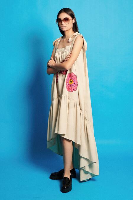 Shop Cin Cin Beige Poplin Embroidered Beads Square Neck High-low Dress Online at Aza Fashions Shop_Cin Cin_Beige Poplin Embroidered Beads Square Neck High-low Dress _Online_at_Aza_Fashions