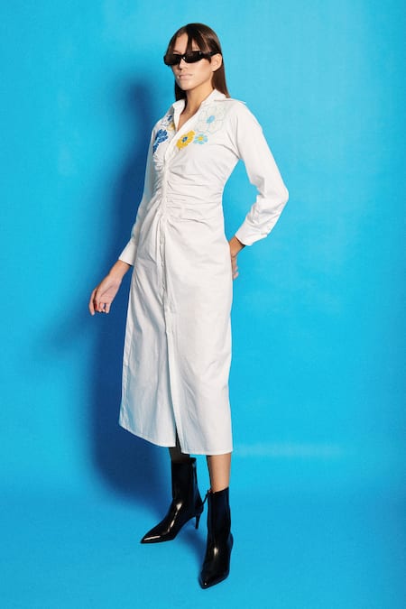 Cin Cin_White Cotton, Poplin Sequins Collared Embroidered Midi Dress _Online_at_Aza_Fashions