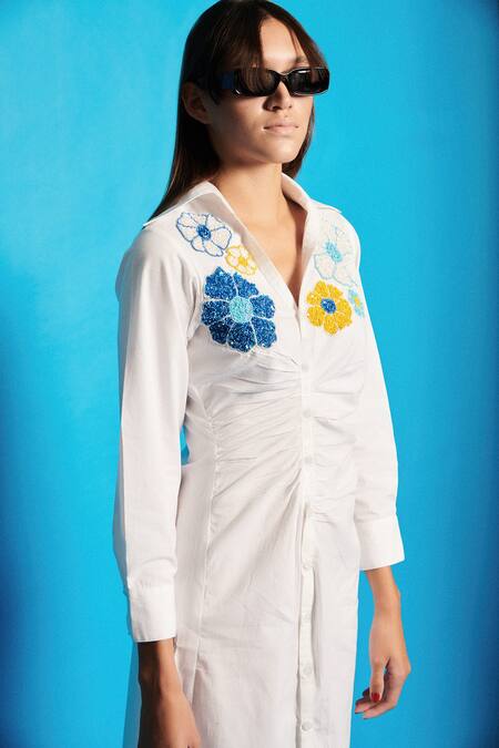 Shop_Cin Cin_White Cotton, Poplin Sequins Collared Embroidered Midi Dress _Online_at_Aza_Fashions