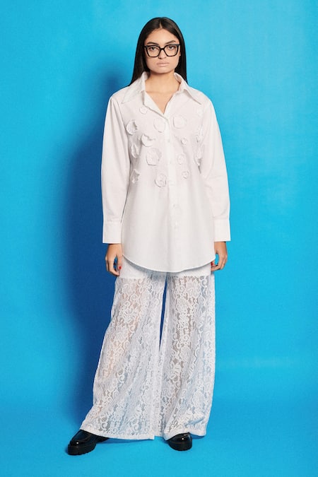 Cin Cin White Poplin Embroidered Floral Collar Patchwork Shirt And Pant Set