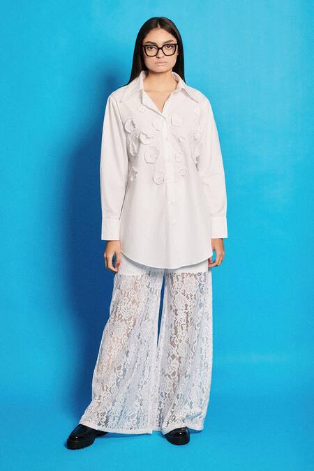 Cin Cin_White Poplin Embroidered Floral Collar Patchwork Shirt _Online_at_Aza_Fashions