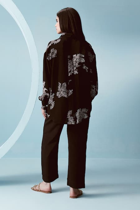 Shop Kavya Singh Kundu Black Crepe Print Ambrosia Collar Neck Joe Shirt at Aza Fashions Shop_Kavya Singh Kundu_Black Crepe Print Ambrosia Collar Neck Joe Shirt _at_Aza_Fashions