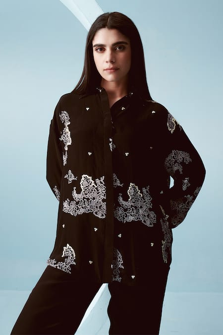 Kavya Singh Kundu Black Crepe Print Ambrosia Collar Neck Joe Shirt Online at Aza Fashions Kavya Singh Kundu_Black Crepe Print Ambrosia Collar Neck Joe Shirt _Online_at_Aza_Fashions