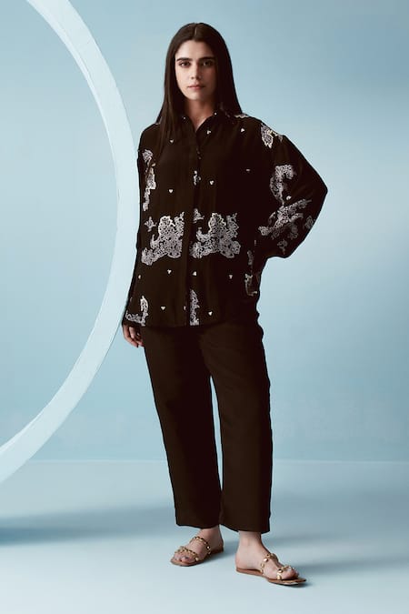 Buy Kavya Singh Kundu Black Crepe Print Ambrosia Collar Neck Joe Shirt Online at Aza Fashions Buy_Kavya Singh Kundu_Black Crepe Print Ambrosia Collar Neck Joe Shirt _Online_at_Aza_Fashions