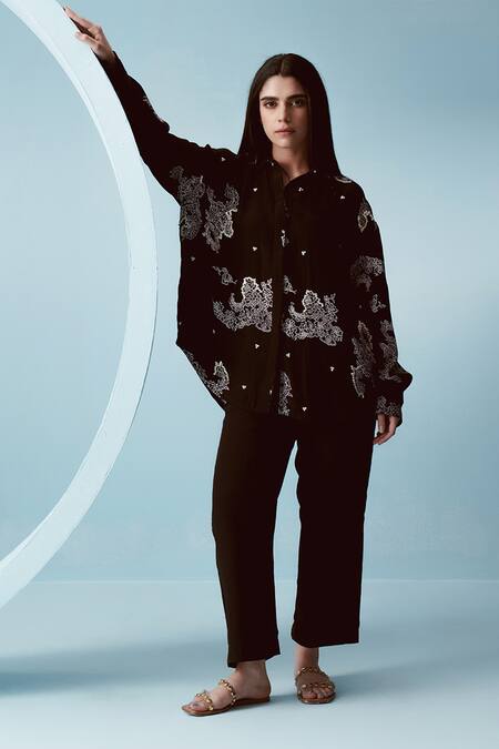 Shop Kavya Singh Kundu Black Crepe Print Ambrosia Collar Neck Joe Shirt Online at Aza Fashions Shop_Kavya Singh Kundu_Black Crepe Print Ambrosia Collar Neck Joe Shirt _Online_at_Aza_Fashions