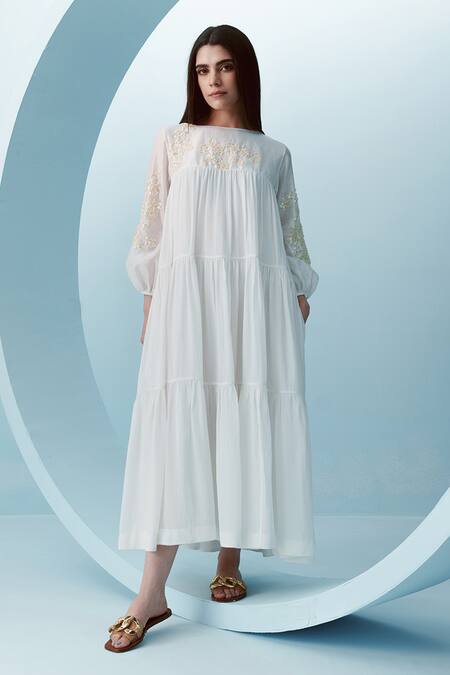 Kavya Singh Kundu White Crepe Embroidery Sequin Boat Cece Bloom Embellished Tiered Gathered Dress Online at Aza Fashions Kavya Singh Kundu_White Crepe Embroidery Sequin Boat Cece Bloom Embellished Tiered Gathered Dress _Online_at_Aza_Fashions