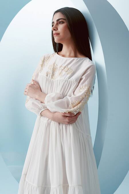 Buy Kavya Singh Kundu White Crepe Embroidery Sequin Boat Cece Bloom Embellished Tiered Gathered Dress Online at Aza Fashions Buy_Kavya Singh Kundu_White Crepe Embroidery Sequin Boat Cece Bloom Embellished Tiered Gathered Dress _Online_at_Aza_Fashions