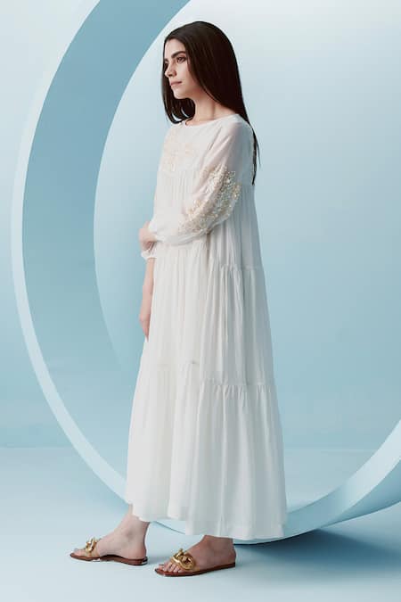 Shop Kavya Singh Kundu White Crepe Embroidery Sequin Boat Cece Bloom Embellished Tiered Gathered Dress Online at Aza Fashions Shop_Kavya Singh Kundu_White Crepe Embroidery Sequin Boat Cece Bloom Embellished Tiered Gathered Dress _Online_at_Aza_Fashions