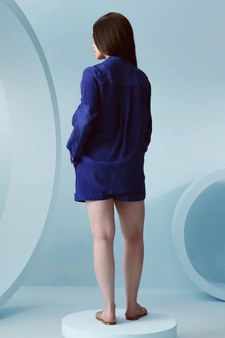 Shop Kavya Singh Kundu Blue Crepe Mandarin Collar Como Abstract Panel Shirt With Shorts at Aza Fashions Shop_Kavya Singh Kundu_Blue Crepe Mandarin Collar Como Abstract Panel Shirt With Shorts _at_Aza_Fashions