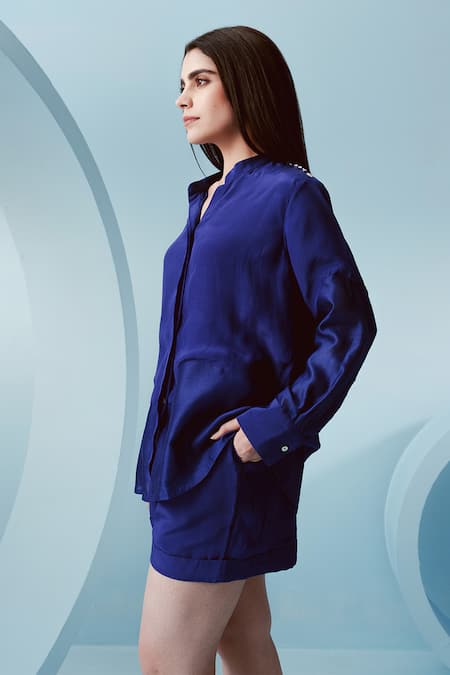 Buy Kavya Singh Kundu Blue Crepe Mandarin Collar Como Abstract Panel Shirt With Shorts Online at Aza Fashions Buy_Kavya Singh Kundu_Blue Crepe Mandarin Collar Como Abstract Panel Shirt With Shorts _Online_at_Aza_Fashions