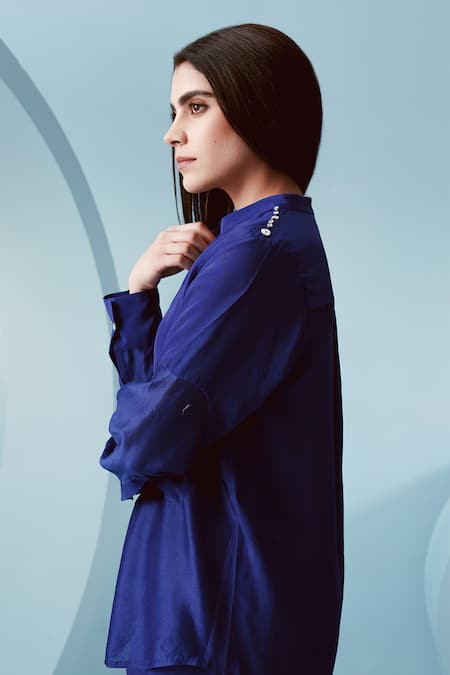 Shop Kavya Singh Kundu Blue Crepe Mandarin Collar Como Abstract Panel Shirt With Shorts Online at Aza Fashions Shop_Kavya Singh Kundu_Blue Crepe Mandarin Collar Como Abstract Panel Shirt With Shorts _Online_at_Aza_Fashions