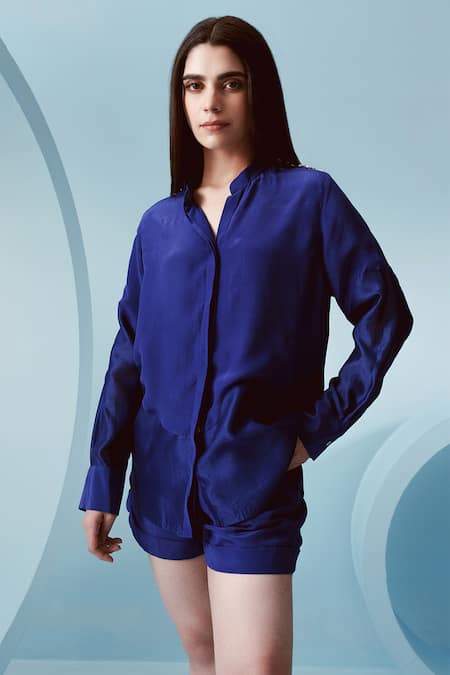 Kavya Singh Kundu Blue Crepe Mandarin Collar Como Abstract Panel Shirt With Shorts at Aza Fashions Kavya Singh Kundu_Blue Crepe Mandarin Collar Como Abstract Panel Shirt With Shorts _at_Aza_Fashions