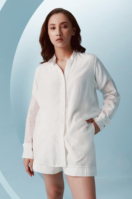 Buy Kavya Singh Kundu White Crepe Mandarin Collar Deven Lace Embellished Shirt With Shorts Online at Aza Fashions Buy_Kavya Singh Kundu_White Crepe Mandarin Collar Deven Lace Embellished Shirt With Shorts _Online_at_Aza_Fashions