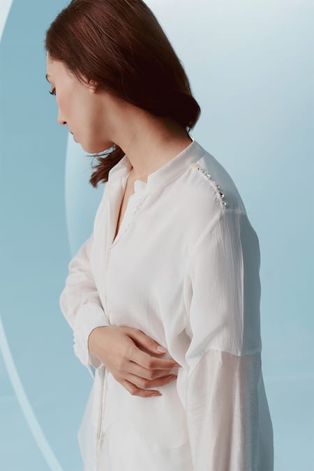 Kavya Singh Kundu White Crepe Mandarin Collar Deven Lace Embellished Shirt Online at Aza Fashions Kavya Singh Kundu_White Crepe Mandarin Collar Deven Lace Embellished Shirt _Online_at_Aza_Fashions