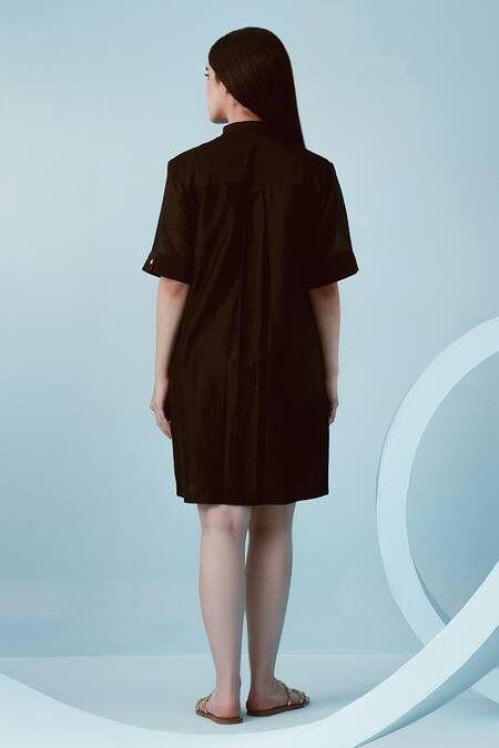 Shop Kavya Singh Kundu Black Chanderi Embroidery Florence Band Collar Esme Short Dress at Aza Fashions Shop_Kavya Singh Kundu_Black Chanderi Embroidery Florence Band Collar Esme Short Dress _at_Aza_Fashions