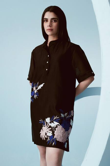 Kavya Singh Kundu Black Chanderi Embroidery Florence Band Collar Esme Short Dress Online at Aza Fashions Kavya Singh Kundu_Black Chanderi Embroidery Florence Band Collar Esme Short Dress _Online_at_Aza_Fashions