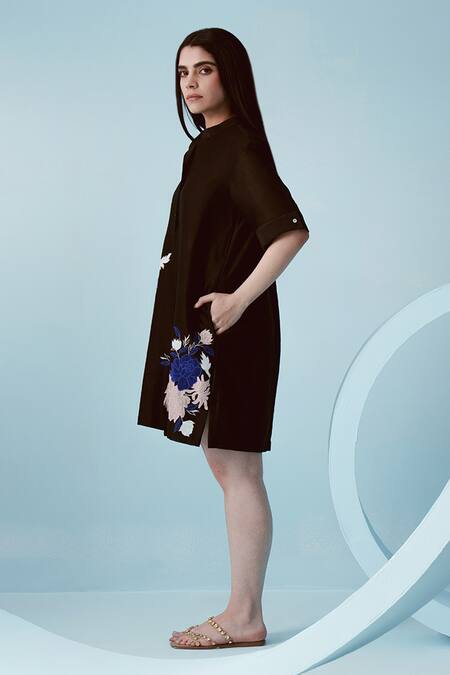 Buy Kavya Singh Kundu Black Chanderi Embroidery Florence Band Collar Esme Short Dress Online at Aza Fashions Buy_Kavya Singh Kundu_Black Chanderi Embroidery Florence Band Collar Esme Short Dress _Online_at_Aza_Fashions