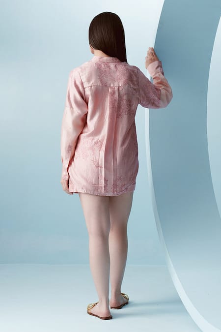 Shop Kavya Singh Kundu Pink Handwoven Mulberry Silk Print Pansy Bloom Mandarin Collar Evan Shirt at Aza Fashions Shop_Kavya Singh Kundu_Pink Handwoven Mulberry Silk Print Pansy Bloom Mandarin Collar Evan Shirt _at_Aza_Fashions