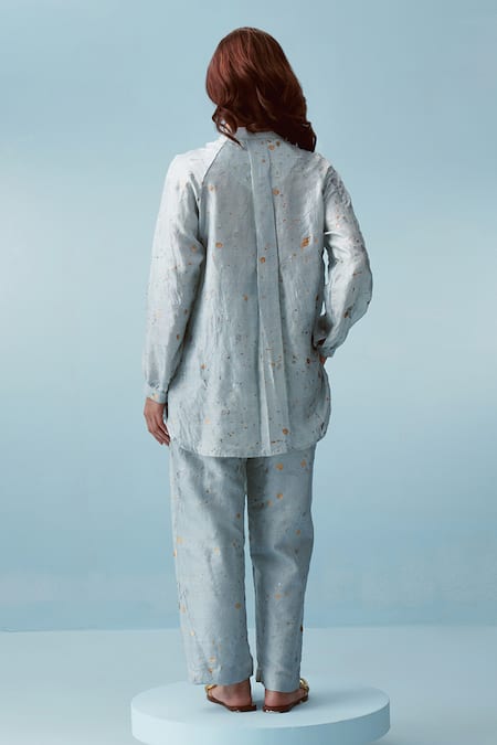 Shop Kavya Singh Kundu Blue Handwoven Mulberry Silk Print Hand Splatter Juniper Shirt With Pant at Aza Fashions Shop_Kavya Singh Kundu_Blue Handwoven Mulberry Silk Print Hand Splatter Juniper Shirt With Pant _at_Aza_Fashions