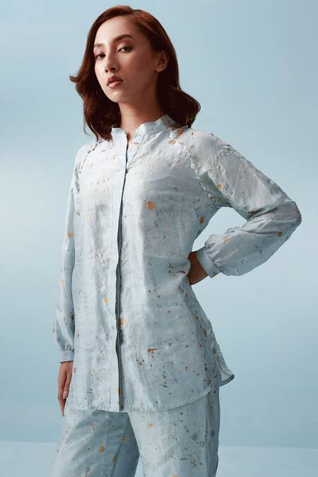Kavya Singh Kundu Blue Handwoven Mulberry Silk Print Hand Splatter Juniper Shirt With Pant Online at Aza Fashions Kavya Singh Kundu_Blue Handwoven Mulberry Silk Print Hand Splatter Juniper Shirt With Pant _Online_at_Aza_Fashions
