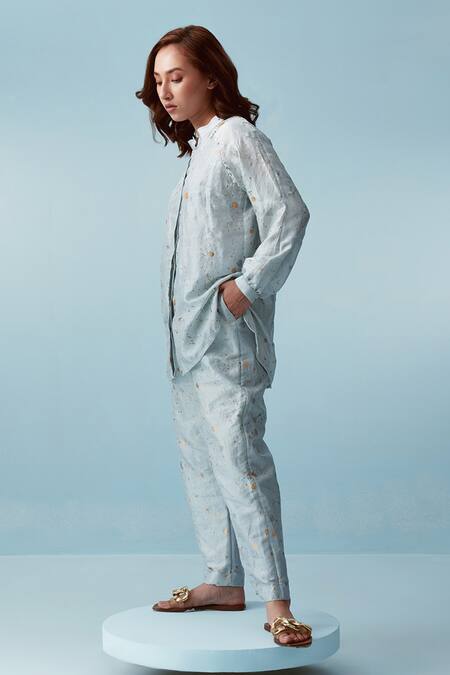 Buy Kavya Singh Kundu Blue Handwoven Mulberry Silk Print Hand Splatter Juniper Shirt With Pant Online at Aza Fashions Buy_Kavya Singh Kundu_Blue Handwoven Mulberry Silk Print Hand Splatter Juniper Shirt With Pant _Online_at_Aza_Fashions