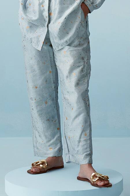 Shop Kavya Singh Kundu Blue Handwoven Mulberry Silk Print Hand Splatter Juniper Shirt With Pant Online at Aza Fashions Shop_Kavya Singh Kundu_Blue Handwoven Mulberry Silk Print Hand Splatter Juniper Shirt With Pant _Online_at_Aza_Fashions