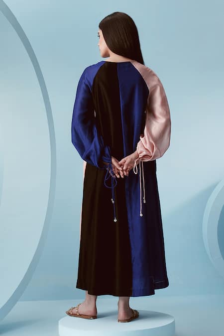 Shop Kavya Singh Kundu Multi Color Chanderi Colorblocked V Neck Kai Midi Dress at Aza Fashions Shop_Kavya Singh Kundu_Multi Color Chanderi Colorblocked V Neck Kai Midi Dress _at_Aza_Fashions