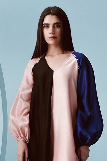 Buy Kavya Singh Kundu Multi Color Chanderi Colorblocked V Neck Kai Midi Dress Online at Aza Fashions Buy_Kavya Singh Kundu_Multi Color Chanderi Colorblocked V Neck Kai Midi Dress _Online_at_Aza_Fashions