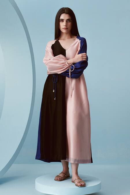 Shop Kavya Singh Kundu Multi Color Chanderi Colorblocked V Neck Kai Midi Dress Online at Aza Fashions Shop_Kavya Singh Kundu_Multi Color Chanderi Colorblocked V Neck Kai Midi Dress _Online_at_Aza_Fashions