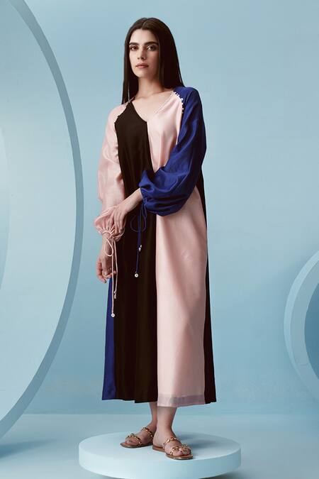 Kavya Singh Kundu Multi Color Chanderi Colorblocked V Neck Kai Midi Dress at Aza Fashions Kavya Singh Kundu_Multi Color Chanderi Colorblocked V Neck Kai Midi Dress _at_Aza_Fashions