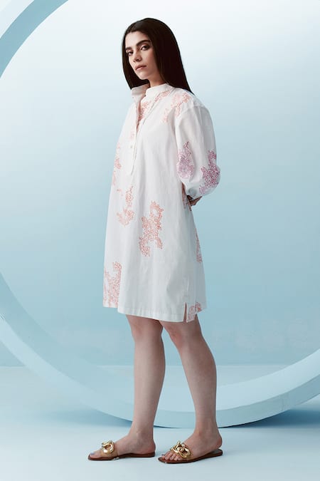 Shop Kavya Singh Kundu White Cotton Print Blossom Band Collar Mae Short Dress at Aza Fashions Shop_Kavya Singh Kundu_White Cotton Print Blossom Band Collar Mae Short Dress _at_Aza_Fashions