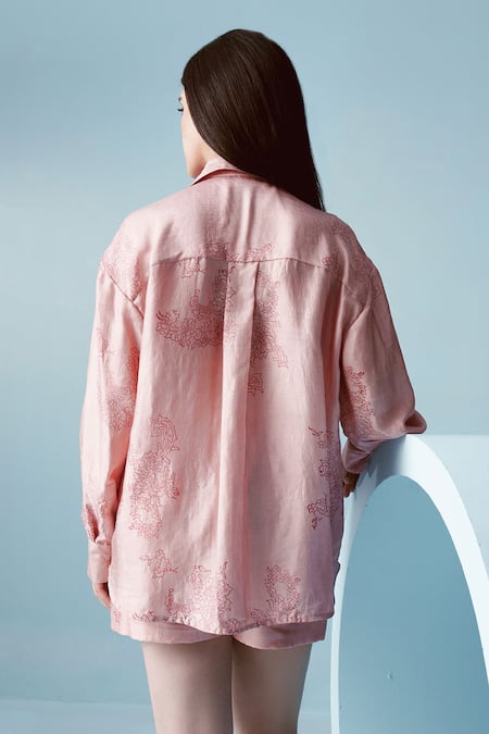 Shop Kavya Singh Kundu Pink Handwoven Mulberry Silk Print Floral Collar Neck Joe Embellished Shirt at Aza Fashions Shop_Kavya Singh Kundu_Pink Handwoven Mulberry Silk Print Floral Collar Neck Joe Embellished Shirt _at_Aza_Fashions