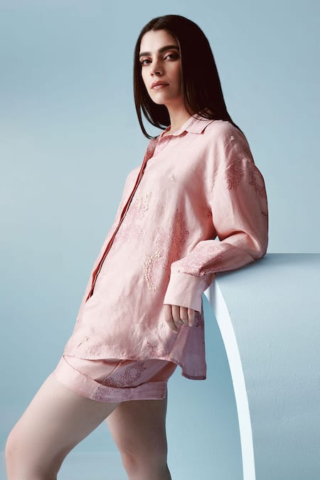 Kavya Singh Kundu Pink Handwoven Mulberry Silk Print Floral Collar Neck Joe Embellished Shirt Online at Aza Fashions Kavya Singh Kundu_Pink Handwoven Mulberry Silk Print Floral Collar Neck Joe Embellished Shirt _Online_at_Aza_Fashions