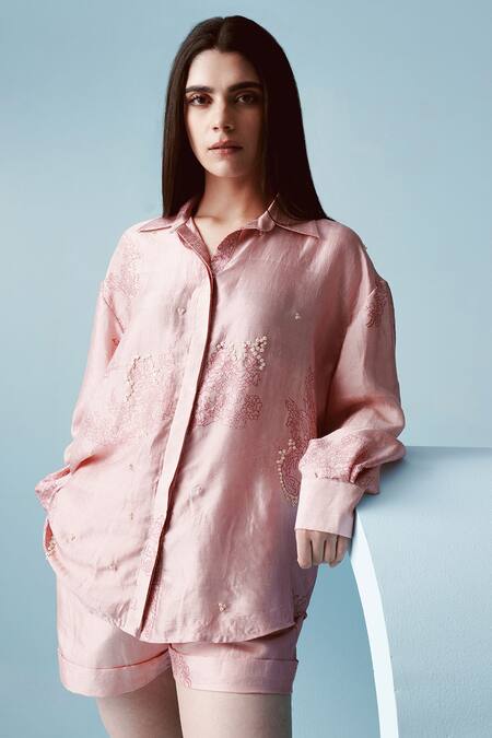 Buy Kavya Singh Kundu Pink Handwoven Mulberry Silk Print Floral Collar Neck Joe Embellished Shirt Online at Aza Fashions Buy_Kavya Singh Kundu_Pink Handwoven Mulberry Silk Print Floral Collar Neck Joe Embellished Shirt _Online_at_Aza_Fashions