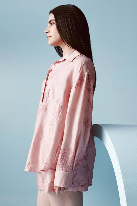 Shop Kavya Singh Kundu Pink Handwoven Mulberry Silk Print Floral Collar Neck Joe Embellished Shirt Online at Aza Fashions Shop_Kavya Singh Kundu_Pink Handwoven Mulberry Silk Print Floral Collar Neck Joe Embellished Shirt _Online_at_Aza_Fashions