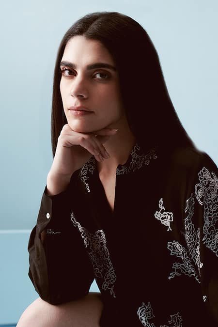 Kavya Singh Kundu Black Crepe Print Glory Collar Neck Raven Bloom Embroidered Shirt With Shorts Online at Aza Fashions Kavya Singh Kundu_Black Crepe Print Glory Collar Neck Raven Bloom Embroidered Shirt With Shorts _Online_at_Aza_Fashions