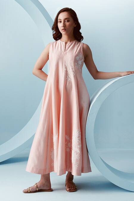 Shop Kavya Singh Kundu Pink Chanderi Applique Florid High Notched Round Neck Renn Panelled Dress Online at Aza Fashions Shop_Kavya Singh Kundu_Pink Chanderi Applique Florid High Notched Round Neck Renn Panelled Dress _Online_at_Aza_Fashions