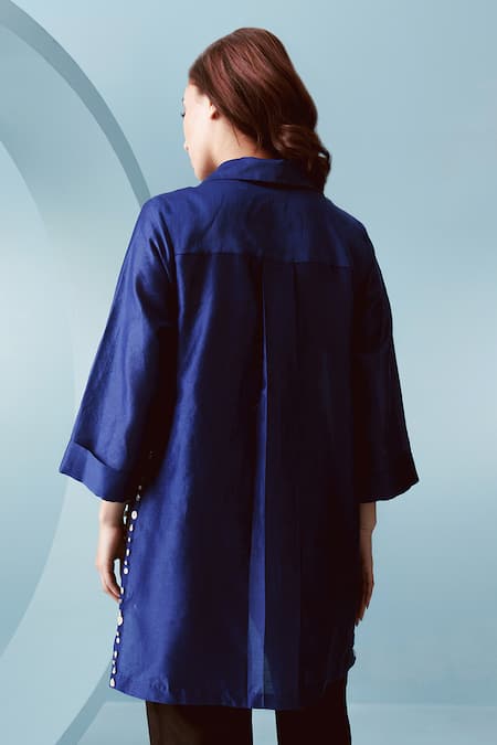 Shop Kavya Singh Kundu Blue Chanderi Solid Collar Neck Ruri High Low Shirt at Aza Fashions Shop_Kavya Singh Kundu_Blue Chanderi Solid Collar Neck Ruri High Low Shirt _at_Aza_Fashions