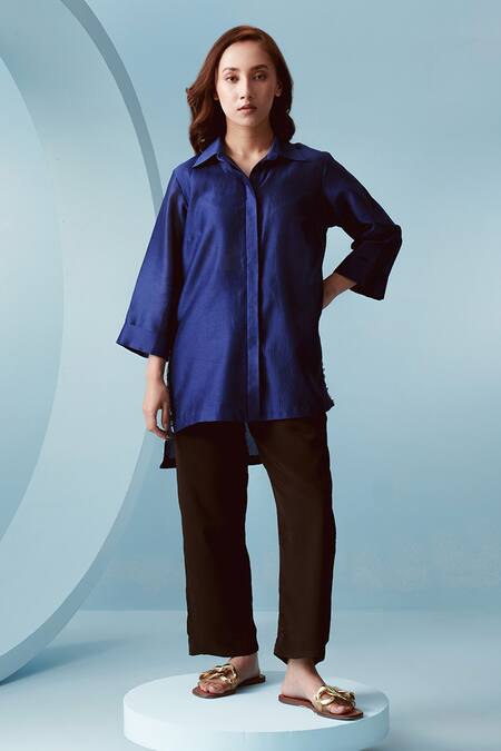 Buy Kavya Singh Kundu Blue Chanderi Solid Collar Neck Ruri High Low Shirt Online at Aza Fashions Buy_Kavya Singh Kundu_Blue Chanderi Solid Collar Neck Ruri High Low Shirt _Online_at_Aza_Fashions