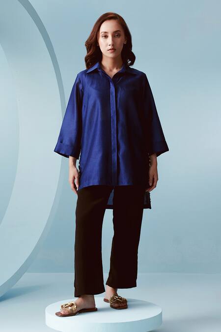 Shop Kavya Singh Kundu Blue Chanderi Solid Collar Neck Ruri High Low Shirt Online at Aza Fashions Shop_Kavya Singh Kundu_Blue Chanderi Solid Collar Neck Ruri High Low Shirt _Online_at_Aza_Fashions