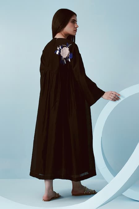 Shop Kavya Singh Kundu Black Chanderi Applique Bloomy Round Neck Sato Embroidered Gathered Dress at Aza Fashions Shop_Kavya Singh Kundu_Black Chanderi Applique Bloomy Round Neck Sato Embroidered Gathered Dress _at_Aza_Fashions