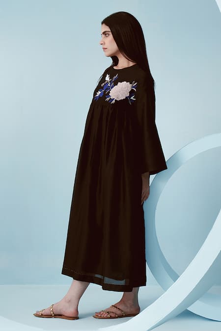 Kavya Singh Kundu Black Chanderi Applique Bloomy Round Neck Sato Embroidered Gathered Dress Online at Aza Fashions Kavya Singh Kundu_Black Chanderi Applique Bloomy Round Neck Sato Embroidered Gathered Dress _Online_at_Aza_Fashions