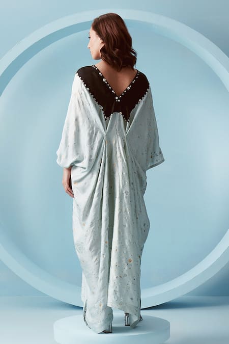 Shop Kavya Singh Kundu Blue Handwoven Mulberry Silk Print Hand Splatter Paint V Neck Skye Kaftan at Aza Fashions Shop_Kavya Singh Kundu_Blue Handwoven Mulberry Silk Print Hand Splatter Paint V Neck Skye Kaftan _at_Aza_Fashions