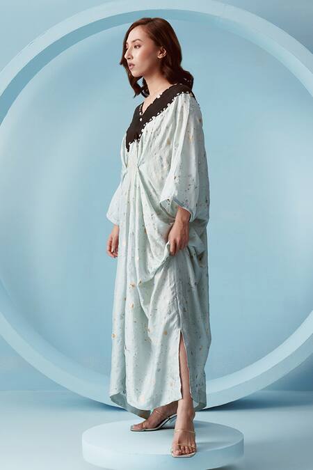 Buy Kavya Singh Kundu Blue Handwoven Mulberry Silk Print Hand Splatter Paint V Neck Skye Kaftan Online at Aza Fashions Buy_Kavya Singh Kundu_Blue Handwoven Mulberry Silk Print Hand Splatter Paint V Neck Skye Kaftan _Online_at_Aza_Fashions