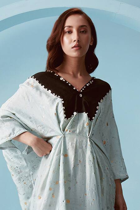 Shop Kavya Singh Kundu Blue Handwoven Mulberry Silk Print Hand Splatter Paint V Neck Skye Kaftan Online at Aza Fashions Shop_Kavya Singh Kundu_Blue Handwoven Mulberry Silk Print Hand Splatter Paint V Neck Skye Kaftan _Online_at_Aza_Fashions