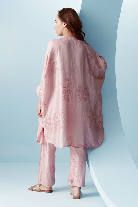 Shop Kavya Singh Kundu Pink Handwoven Mulberry Silk Print Gardenia Round Neck Tachi Tunic With Pant at Aza Fashions Shop_Kavya Singh Kundu_Pink Handwoven Mulberry Silk Print Gardenia Round Neck Tachi Tunic With Pant _at_Aza_Fashions