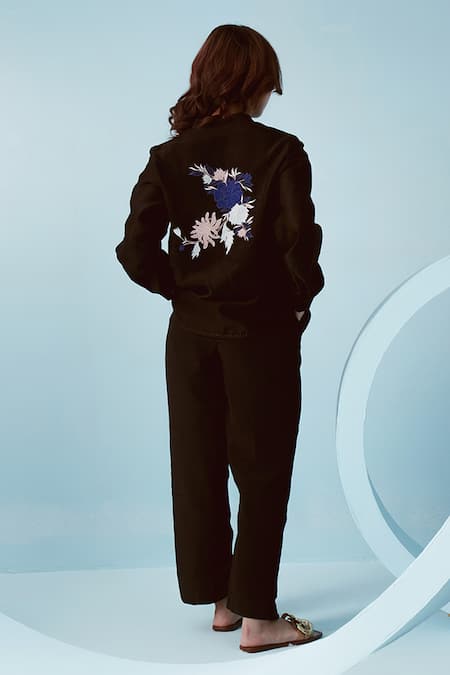 Shop Kavya Singh Kundu Black Chanderi Applique Iris Bloom Mandarin Yuri Embroidered Shirt With Pant at Aza Fashions Shop_Kavya Singh Kundu_Black Chanderi Applique Iris Bloom Mandarin Yuri Embroidered Shirt With Pant _at_Aza_Fashions