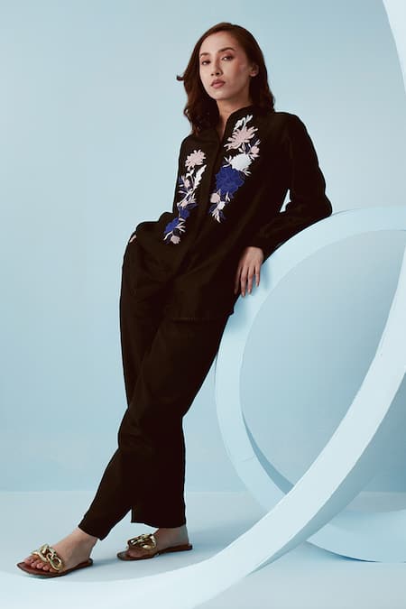 Kavya Singh Kundu Black Chanderi Applique Iris Bloom Mandarin Yuri Embroidered Shirt With Pant Online at Aza Fashions Kavya Singh Kundu_Black Chanderi Applique Iris Bloom Mandarin Yuri Embroidered Shirt With Pant _Online_at_Aza_Fashions