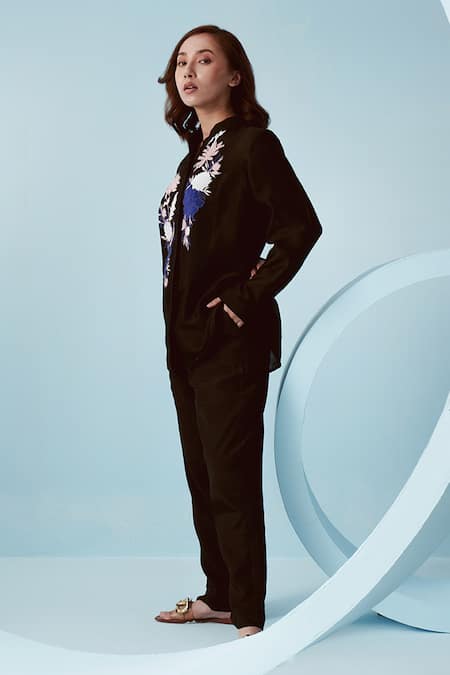 Buy Kavya Singh Kundu Black Chanderi Applique Iris Bloom Mandarin Yuri Embroidered Shirt With Pant Online at Aza Fashions Buy_Kavya Singh Kundu_Black Chanderi Applique Iris Bloom Mandarin Yuri Embroidered Shirt With Pant _Online_at_Aza_Fashions