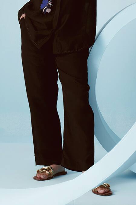 Shop Kavya Singh Kundu Black Chanderi Applique Iris Bloom Mandarin Yuri Embroidered Shirt With Pant Online at Aza Fashions Shop_Kavya Singh Kundu_Black Chanderi Applique Iris Bloom Mandarin Yuri Embroidered Shirt With Pant _Online_at_Aza_Fashions